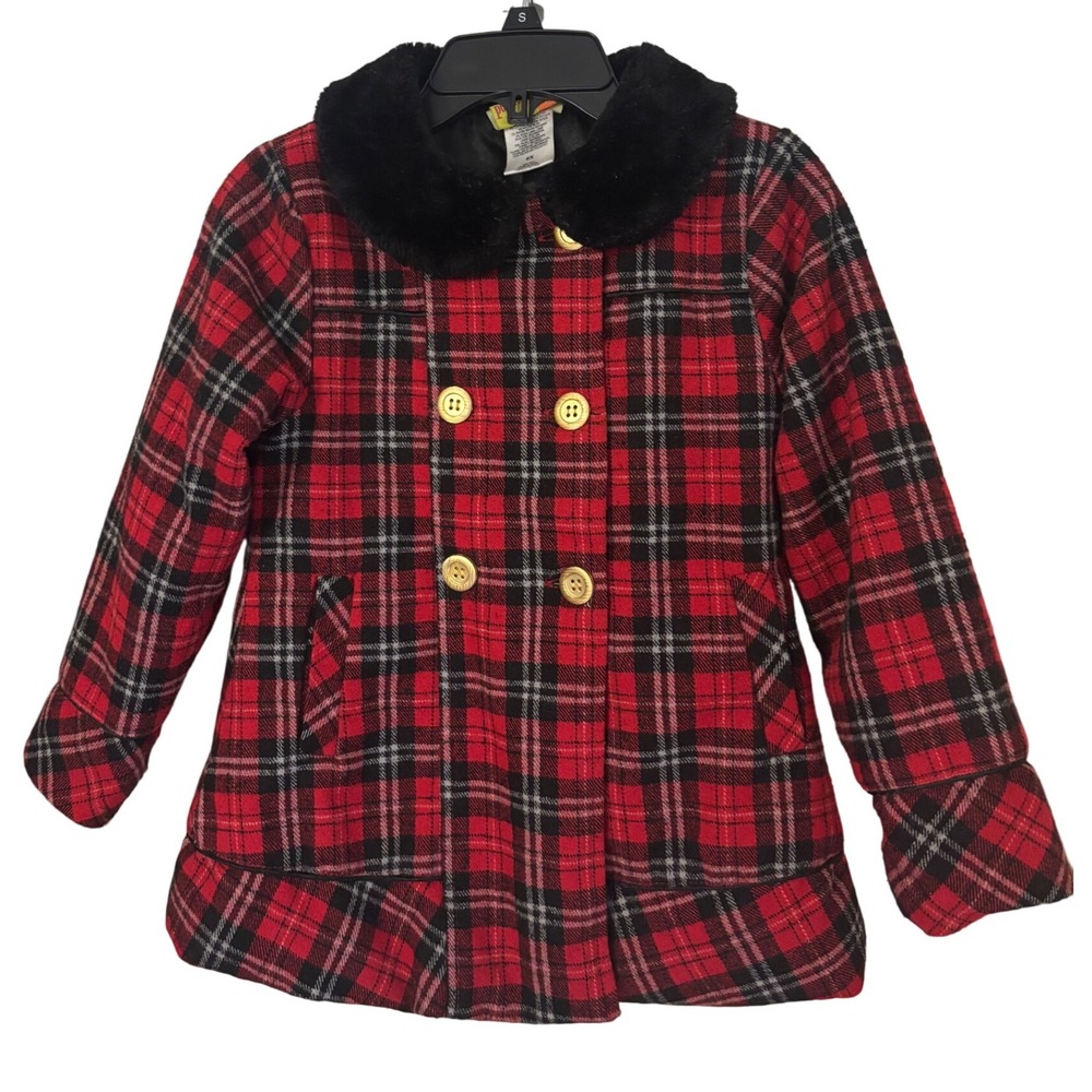 Girls Red Plaid Coat‎ Size 6X winter Gold Buttons Holiday Penelope Mack Ltd Euc